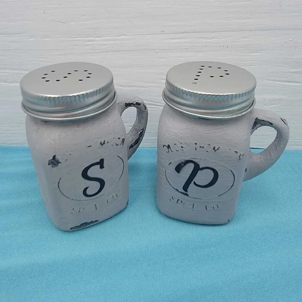 Farmhouse Mason Jar Salt Pepper Shakers Gray Distressed S P Vintage Style
